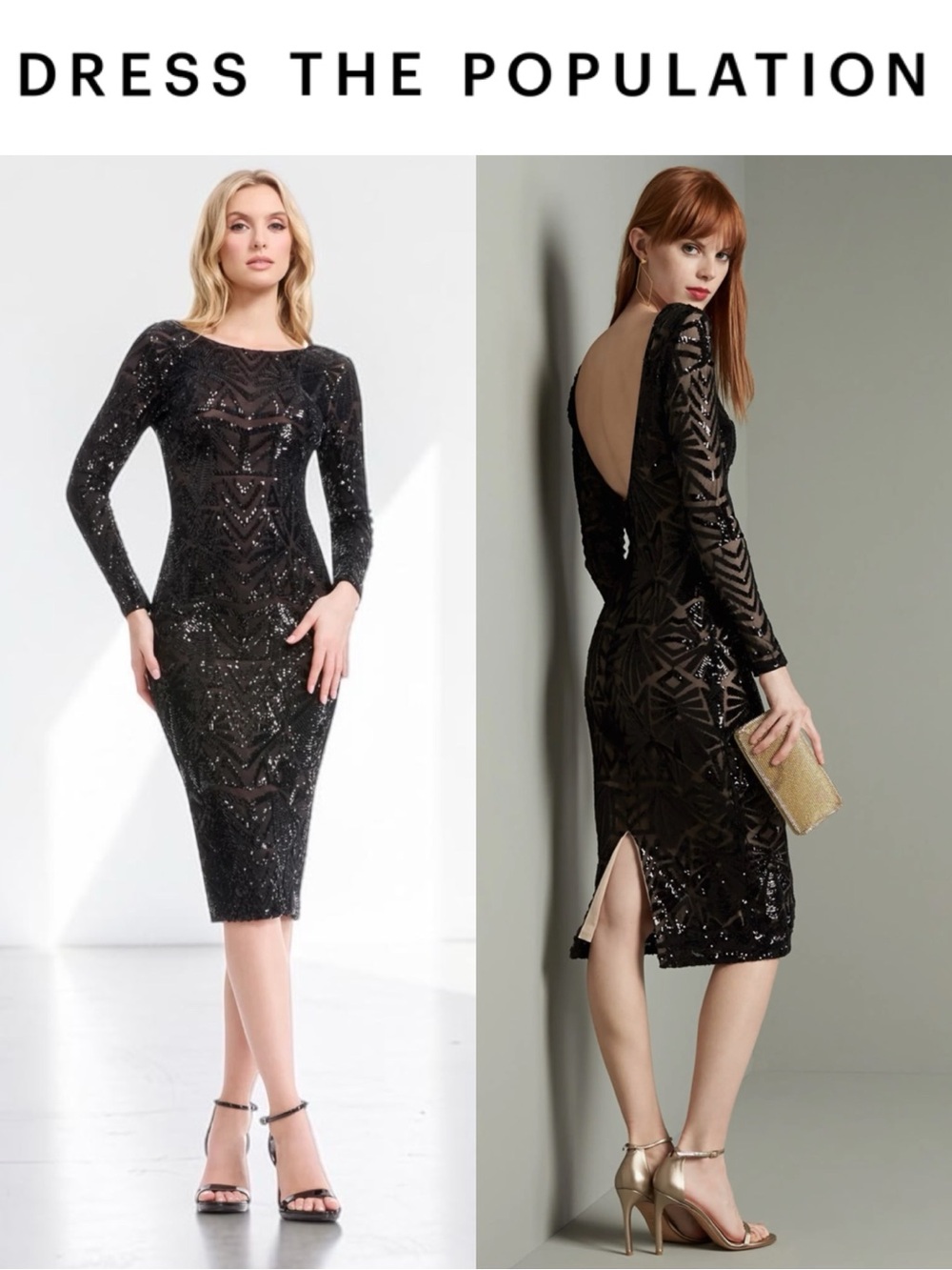 DRESS THE POPULATION EMERY BLACK SEQUIN OPEN BACK MIDI DRESS SIZE SMALL
